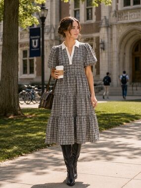 English Factory plaid A-line tiered midi dress